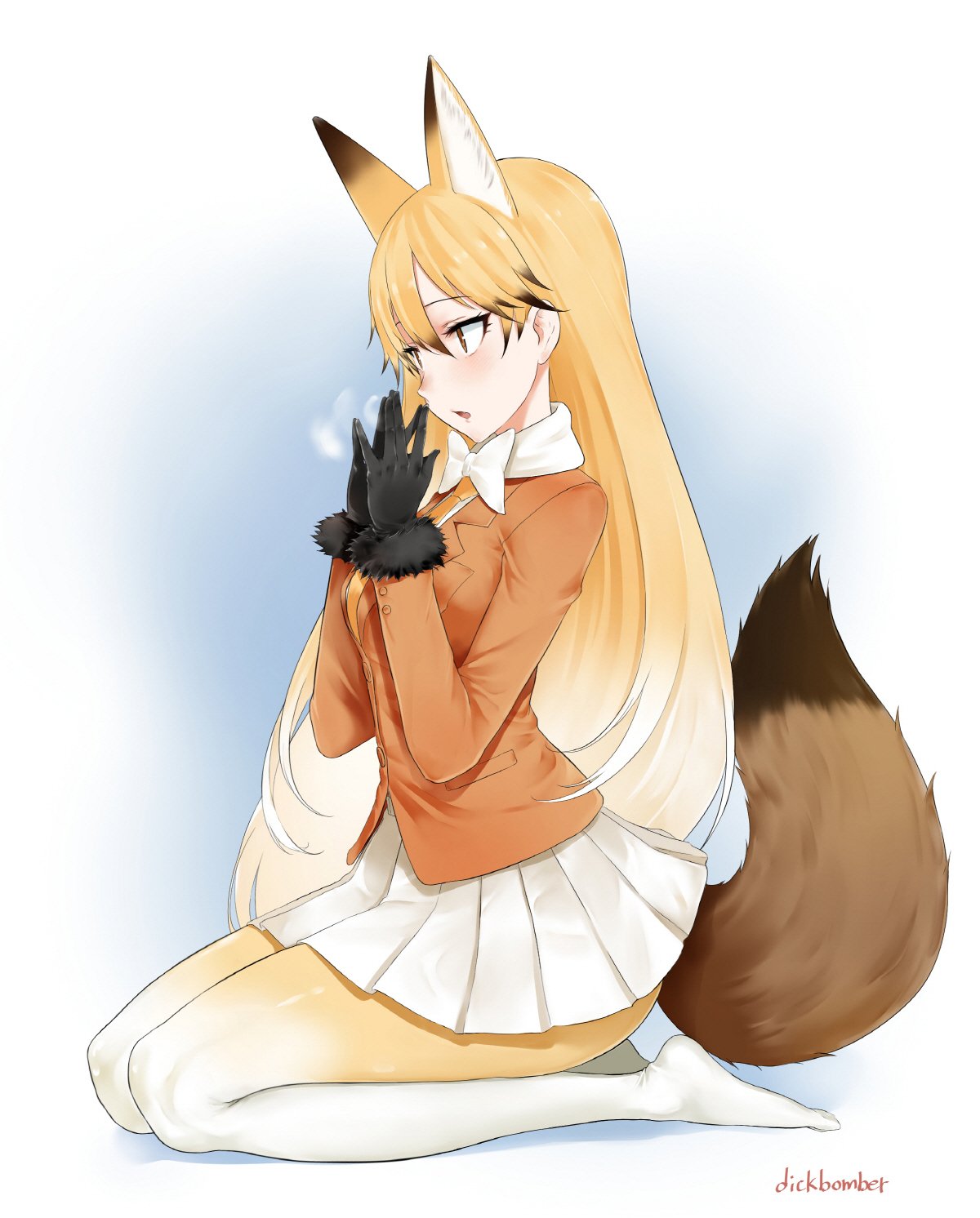 1girl animal_ears artist_name bangs black_gloves blazer blonde_hair blush bow bowtie breasts breath brown_eyes buttons extra_ears eyebrows_visible_through_hair ezo_red_fox_(kemono_friends) fox_ears fox_girl fox_tail fur-trimmed_sleeves fur_trim gloves gradient gradient_legwear hair_between_eyes hair_flaps hands_up highres jacket kemono_friends leewh1515 long_hair long_sleeves medium_breasts miniskirt necktie no_shoes open_mouth orange_jacket orange_legwear pantyhose pleated_skirt pocket seiza sitting skirt solo steam tail thigh-highs very_long_hair white_bow white_bowtie white_legwear white_skirt yellow_legwear yellow_necktie