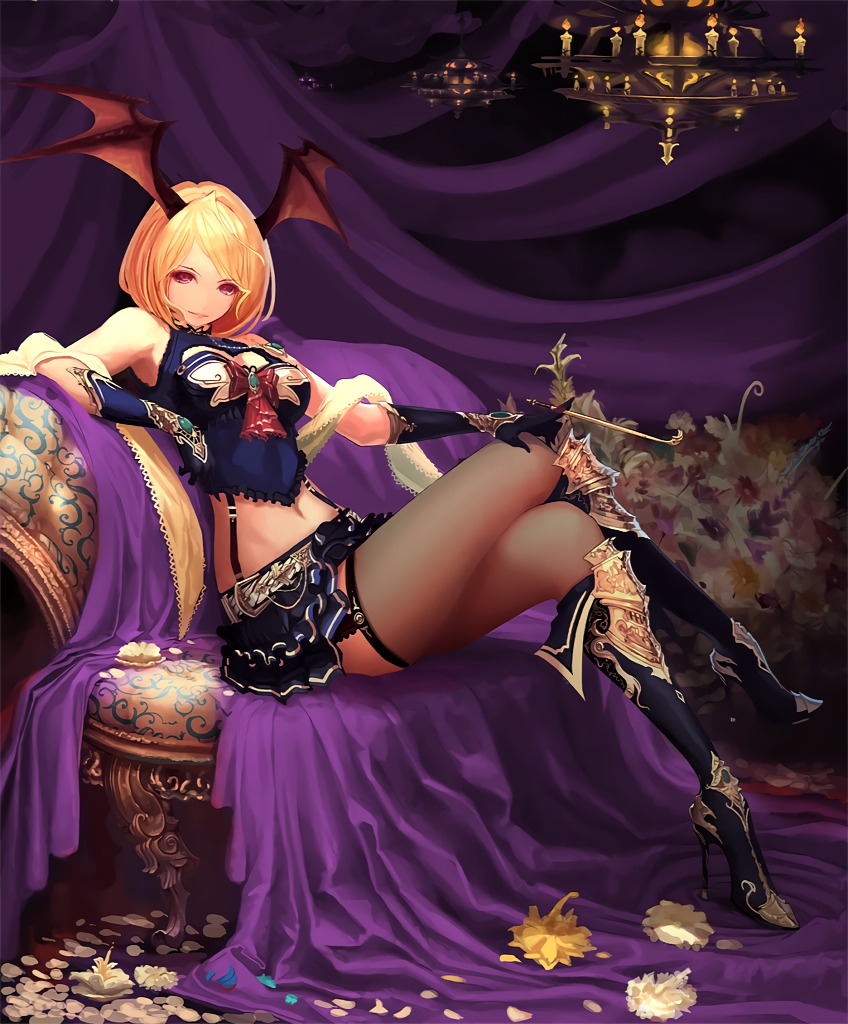 1girl blonde_hair boots chair chandelier cygames flower gem gloves head_wings high_heels jewelry kiseru leaning_to_the_side light_smile midriff navel necklace official_art petals pipe queen_vampire_(shadowverse) red_eyes ribbon scarf shadowverse shingeki_no_bahamut short_hair sitting skirt tachikawa_mushimaro thigh-highs