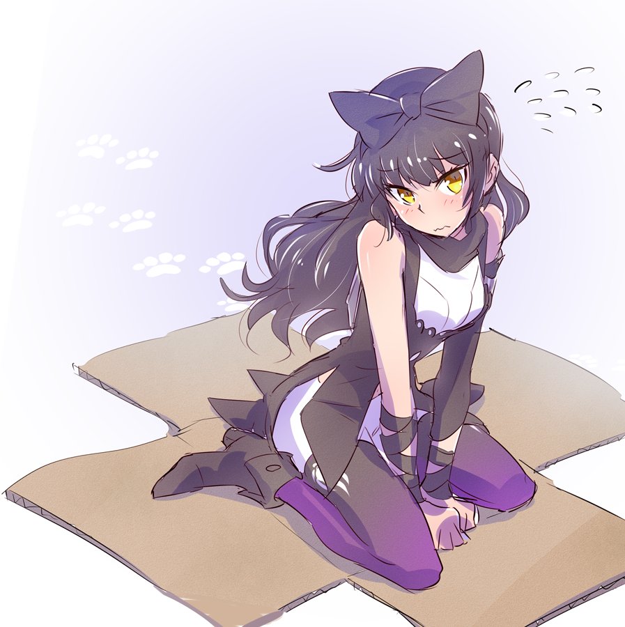 1girl black_hair blake_belladonna blush boots bow box cardboard_box commentary embarrassed hair_bow iesupa pantyhose paw_print rwby sweat sweating_profusely yellow_eyes