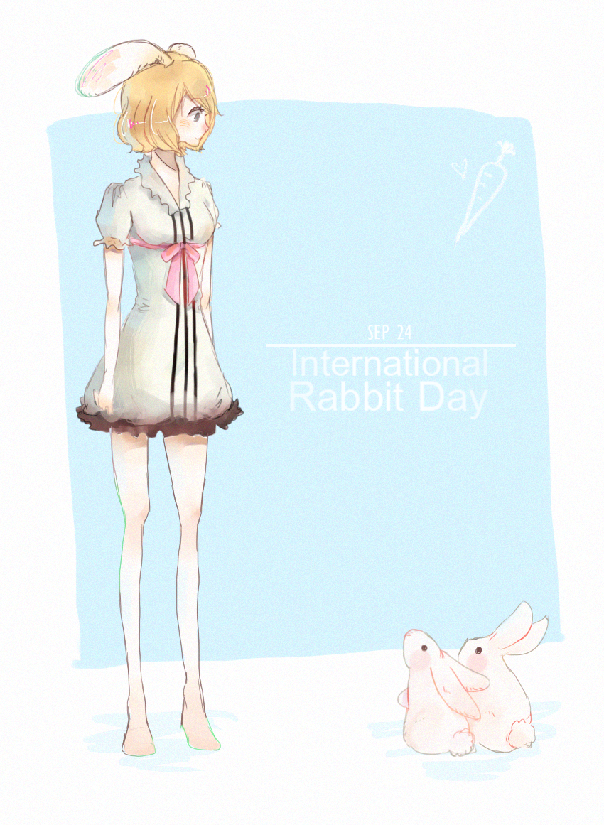 1girl animal_ears black_eyes blonde_hair blush bow bowtie carrot_(one_piece) dakoru dress frilled_dress frills holiday monster_girl one_piece rabbit rabbit_ears simple_background standing