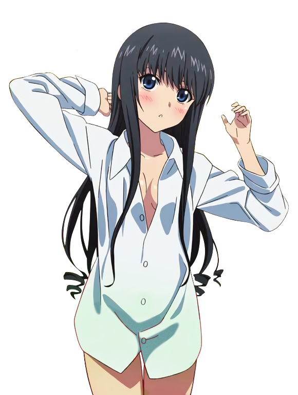 1girl black_hair blue_eyes blush bottomless breasts cleavage collarbone cowboy_shot dress_shirt head_tilt long_hair looking_at_viewer minamiya_natsuki naked_shirt open_clothes open_shirt parted_lips shirt small_breasts solo standing strike_the_blood transparent_background white_shirt
