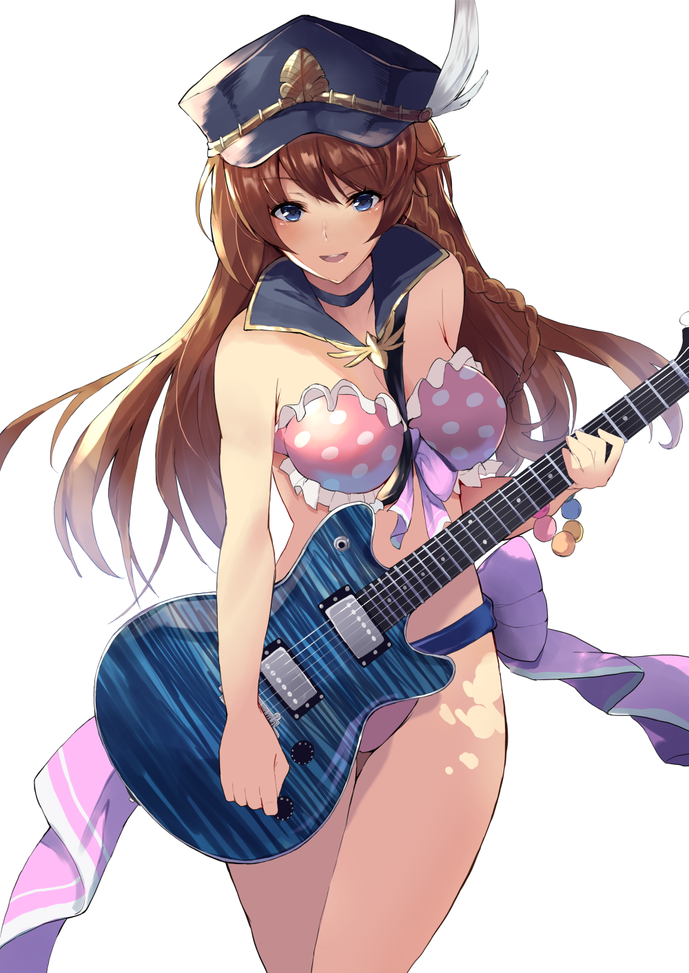 1girl bangs bead_bracelet beads bikini blue_eyes bracelet braid breasts brown_hair cowboy_shot electric_guitar eyebrows_visible_through_hair feathers floating_hair frilled_bikini frills granblue_fantasy guitar hat hat_feather highres holding_instrument instrument jewelry lecia_(granblue_fantasy) long_hair looking_at_viewer medium_breasts open_mouth peaked_cap pink_bikini police_hat polka_dot simple_background smile solo swimsuit ultone_(neisiss) white_background
