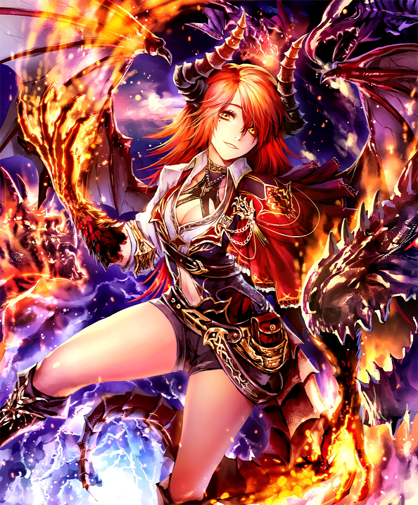 1girl artist_request belt boots breasts burning capelet choker claws cleavage clouds cygames dragon dragon_girl dragon_horns dragon_tail dragon_wings fire hair_over_one_eye horns jewelry long_hair mole mole_under_eye navel necklace official_art orange_hair pointy_ears pouch scales shadowverse shingeki_no_bahamut shorts sky_dragon_ethica smile tail wings yellow_eyes