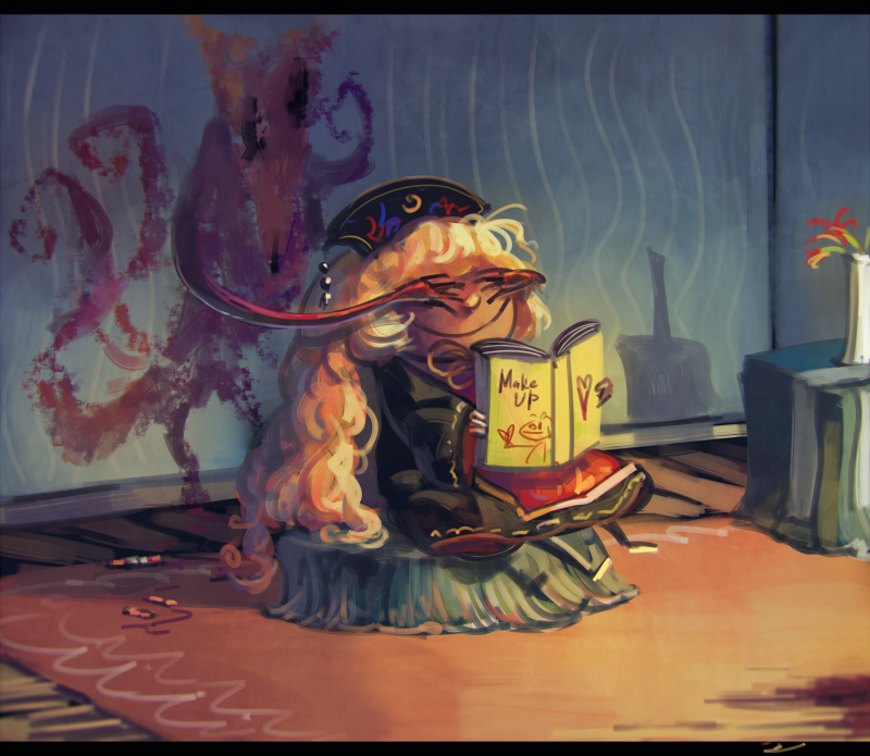 1girl blonde_hair book chinese_clothes commentary_request covering_another's_eyes crayon drawing english fox hat heart junko_(touhou) koto_inari letterboxed long_hair multiple_tails rug sitting smile tail touhou vase very_long_hair wall
