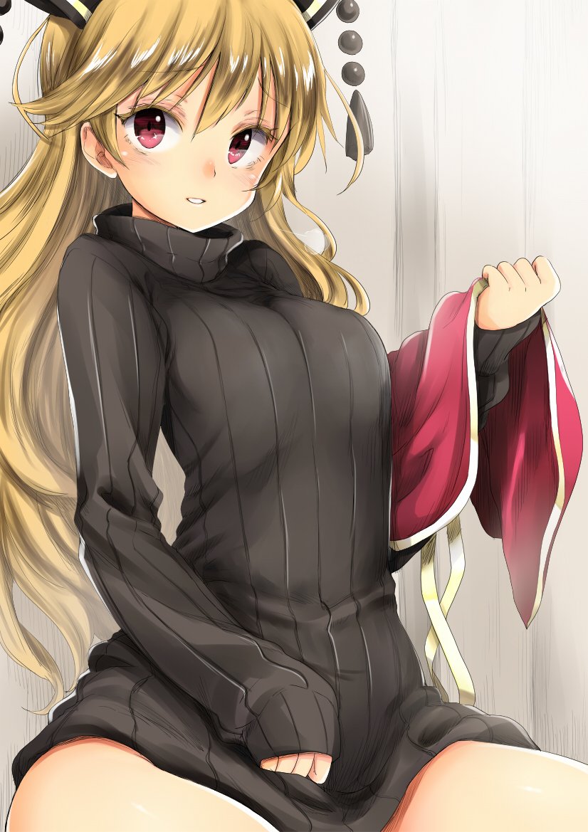 1girl apron bangs black_sweater blonde_hair breasts chikado commentary_request hat junko_(touhou) large_breasts long_hair looking_at_viewer red_eyes ribbed_sweater shiny shiny_hair sitting sleeves_past_wrists smile solo sweater tassel touhou turtleneck turtleneck_sweater very_long_hair wavy_mouth