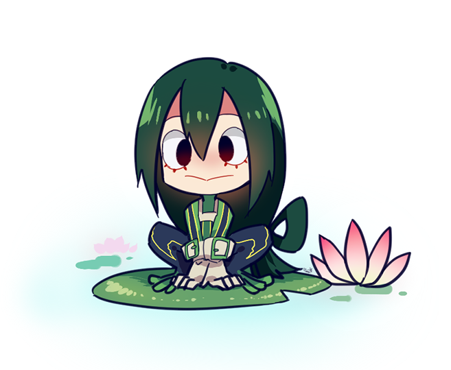 1girl :&gt; asui_tsuyu between_legs blush bodysuit boku_no_hero_academia breasts brown_eyes chibi empty_eyes expressionless eyebrows_visible_through_hair full_body gloves green_bodysuit green_hair grey_gloves hair_between_eyes hair_rings hand_between_legs lily_pad long_hair looking_at_viewer looking_away maro_(lij512) medium_breasts nose_blush shiny shiny_hair simbuckle solo squatting v_arms very_long_hair water white_background