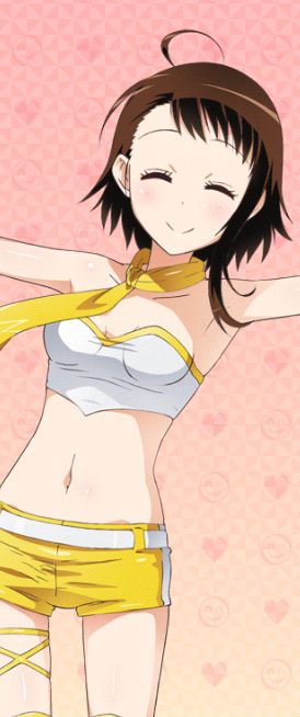 1girl ahoge armpits breasts brown_hair cleavage closed_eyes collarbone cowboy_shot crop_top midriff navel nisekoi onodera_kosaki outstretched_arms racequeen shiny shiny_skin short_hair_with_long_locks short_shorts shorts sidelocks small_breasts solo standing stomach thigh-highs yellow_legwear yellow_shorts