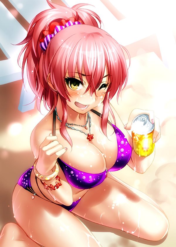 1girl ;d beach bikini blush bracelet breasts can chair cleavage eyebrows_visible_through_hair from_above hair_between_eyes hair_ornament hair_scrunchie idolmaster idolmaster_cinderella_girls jewelry jougasaki_mika large_breasts lounge_chair multi-strapped_bikini nail_polish necklace one_eye_closed open_mouth outdoors pink_hair ponytail purple_bikini sand scrunchie smile soda_can solo striped striped_scrunchie sunlight swimsuit wet yellow_eyes zen