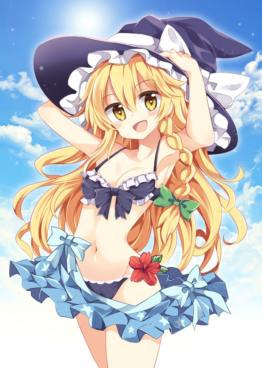 1girl armpits arms_up bikini black_bikini blonde_hair blue_sky bow braid breasts cleavage clouds cloudy_sky cowboy_shot flower frilled_bikini frills green_bow hair_bow halter_top halterneck hat hat_bow highres kirisame_marisa long_hair looking_at_viewer maturiuta_sorato medium_breasts navel open_mouth sarong side_braid sky smile solo star star-shaped_pupils star_print swimsuit symbol-shaped_pupils touhou very_long_hair wavy_hair white_bow witch_hat yellow_eyes