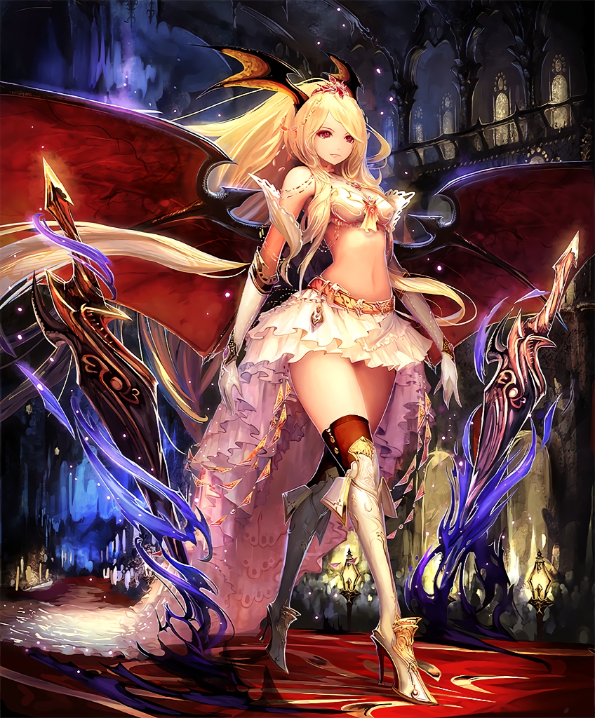 1girl bare_shoulders bat_wings blonde_hair boots candlestand castle crown cygames gloves head_wings high_heels kneehighs long_hair midriff navel official_art planted_sword planted_weapon queen_vampire_(shadowverse) red_carpet red_eyes ribbon shadowverse shingeki_no_bahamut skirt sword tachikawa_mushimaro very_long_hair walking weapon wings