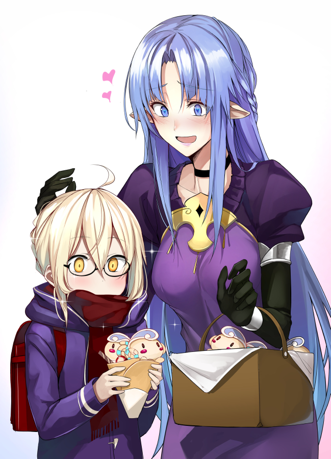 2girls ahoge backpack bag bangs black_gloves blonde_hair blue_eyes blue_hair blush braid breasts caster choker dress elf eyebrows_visible_through_hair fate/grand_order fate/stay_night fate_(series) glasses gloves hair_between_eyes heart heroine_x heroine_x_(alter) holding hood hooded_jacket jacket lipstick long_hair makeup multiple_girls open_mouth pointy_ears saber scarf shijiu_(adamhutt) simple_background sweets white_background yellow_eyes