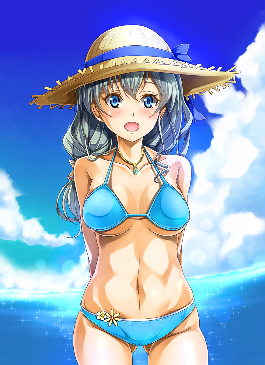 1girl arms_behind_back battle_girl_high_school bikini blue_bikini blue_eyes blush bow breasts collarbone cowboy_shot gluteal_fold grey_hair hair_bow hat highres jewelry long_hair medium_breasts narumi_haruka necklace ocean open_mouth straw_hat swimsuit taiyaki_a