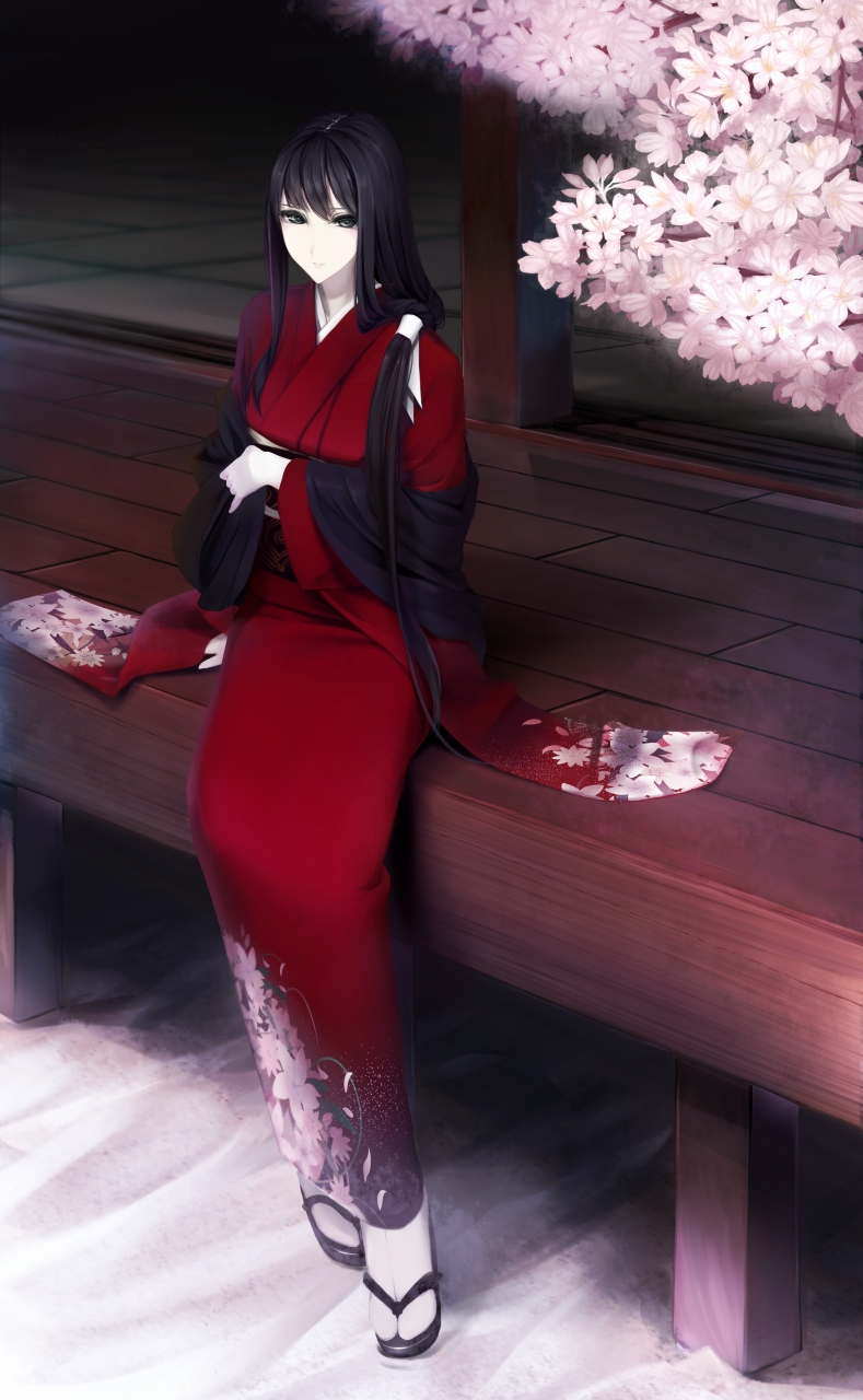 1girl black_eyes black_hair cherry_blossoms closed_mouth erise floral_print flower full_body furisode hair_over_shoulder highres japanese_clothes kimono long_hair looking_at_viewer obi original ponytail revision sandals sash sitting solo tatami very_long_hair