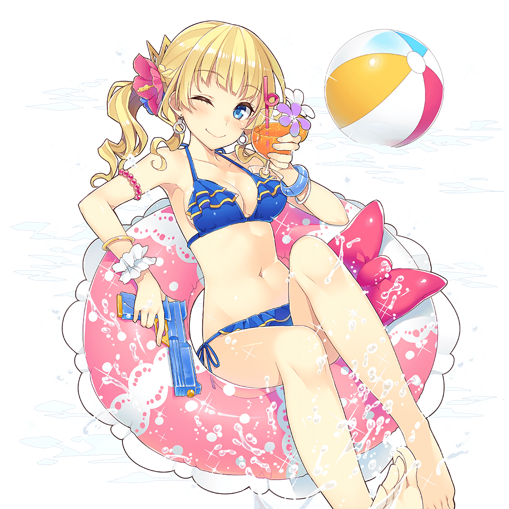 1girl amelie_mcgregor blonde_hair blue_eyes blush braid breasts cleavage french_braid hair_ornament long_hair looking_at_viewer lying medium_breasts mmu navel official_art on_back one_eye_closed smile solo swimsuit transparent_background uchi_no_hime-sama_ga_ichiban_kawaii