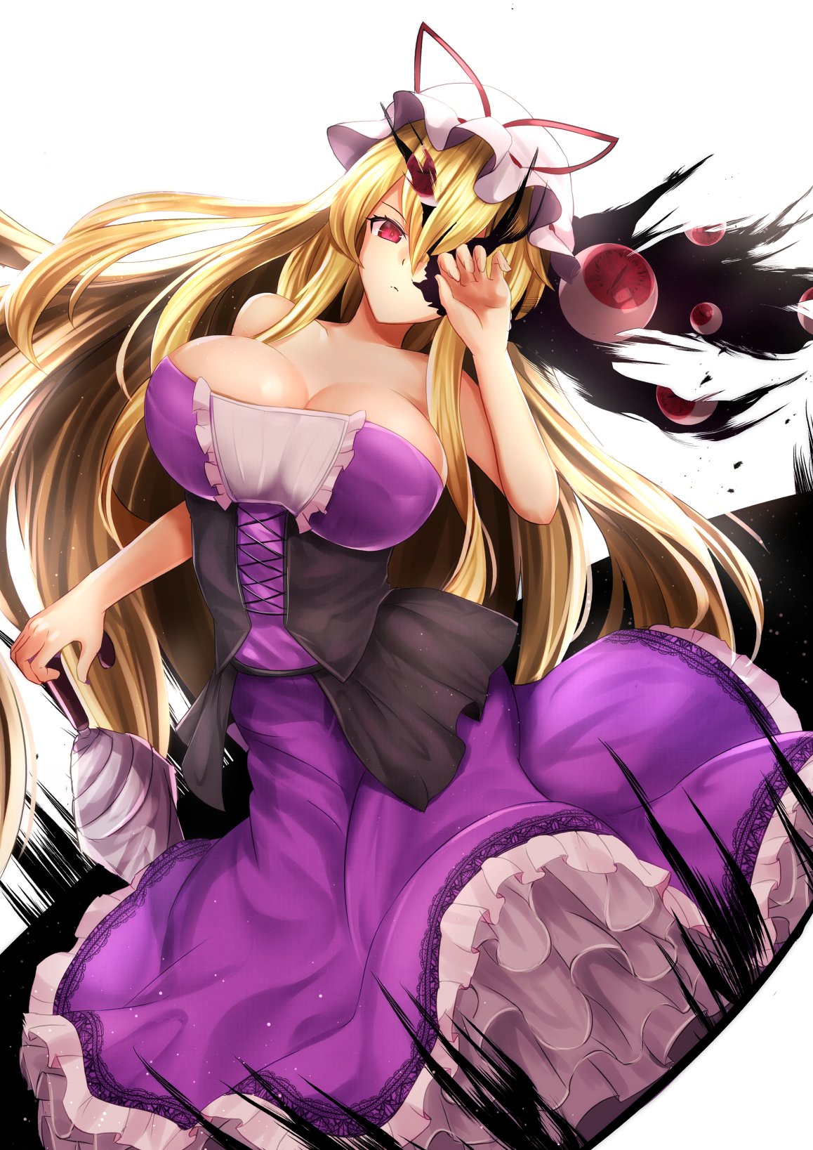 &gt;:( 1girl adapted_costume bangs bare_arms bare_shoulders blonde_hair breasts cleavage closed_mouth closed_umbrella collarbone corset dress eyes gap hair_between_eyes hat hat_ribbon highres holding holding_umbrella large_breasts long_hair looking_at_viewer mob_cap one_eye_covered petticoat purple_dress red_eyes red_ribbon ribbon sidelocks sinkai solo strapless strapless_dress touhou umbrella very_long_hair yakumo_yukari