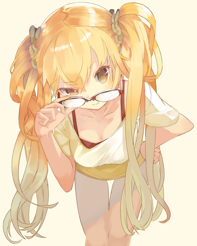 1girl adjusting_glasses bangs beige_background blonde_hair breasts brown_eyes closed_mouth eyebrows_visible_through_hair glasses hand_on_hip leaning_forward long_hair looking_at_viewer medium_breasts nekoglasses off_shoulder original shirt simple_background smile solo thighs twintails white_shirt