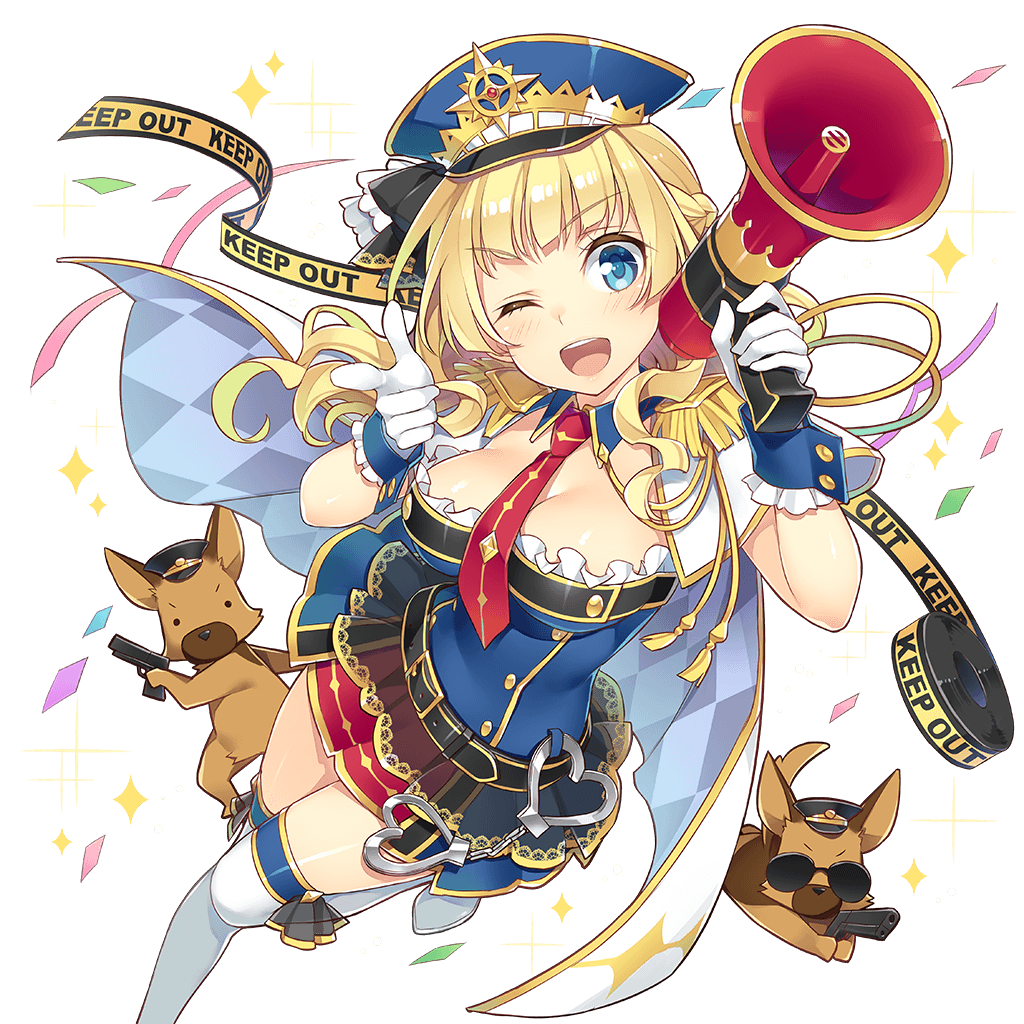 1girl amelie_mcgregor argyle blonde_hair blue_eyes boots braid breasts cape cleavage confetti dog epaulettes french_braid gloves gun handgun hat holding long_hair looking_at_viewer medium_breasts megaphone mmu necktie official_art one_eye_closed open_mouth peaked_cap pointing police police_dog police_hat police_uniform policewoman round_teeth skirt solo tape teeth thigh-highs thigh_boots transparent_background uchi_no_hime-sama_ga_ichiban_kawaii uniform weapon white_gloves white_legwear