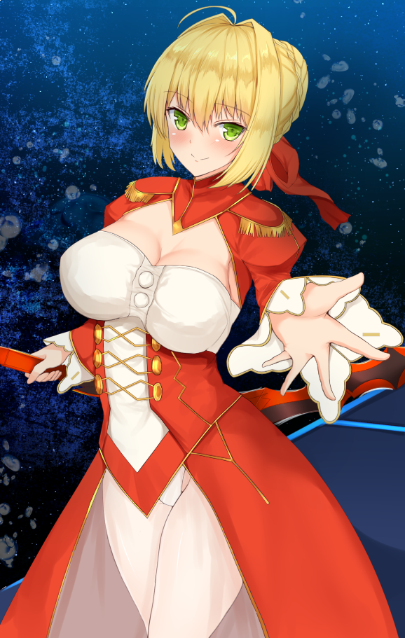 1girl aestus_estus ahoge bangs blonde_hair blush braid breasts cleavage closed_mouth cowboy_shot dress epaulettes fate/extra fate_(series) frilled_sleeves frills green_eyes hair_intakes hair_ribbon holding holding_sword holding_weapon juliet_sleeves large_breasts leotard long_sleeves looking_at_viewer noeomi puffy_sleeves reaching_out red_dress red_ribbon ribbon saber_extra short_hair smile solo sword weapon white_leotard