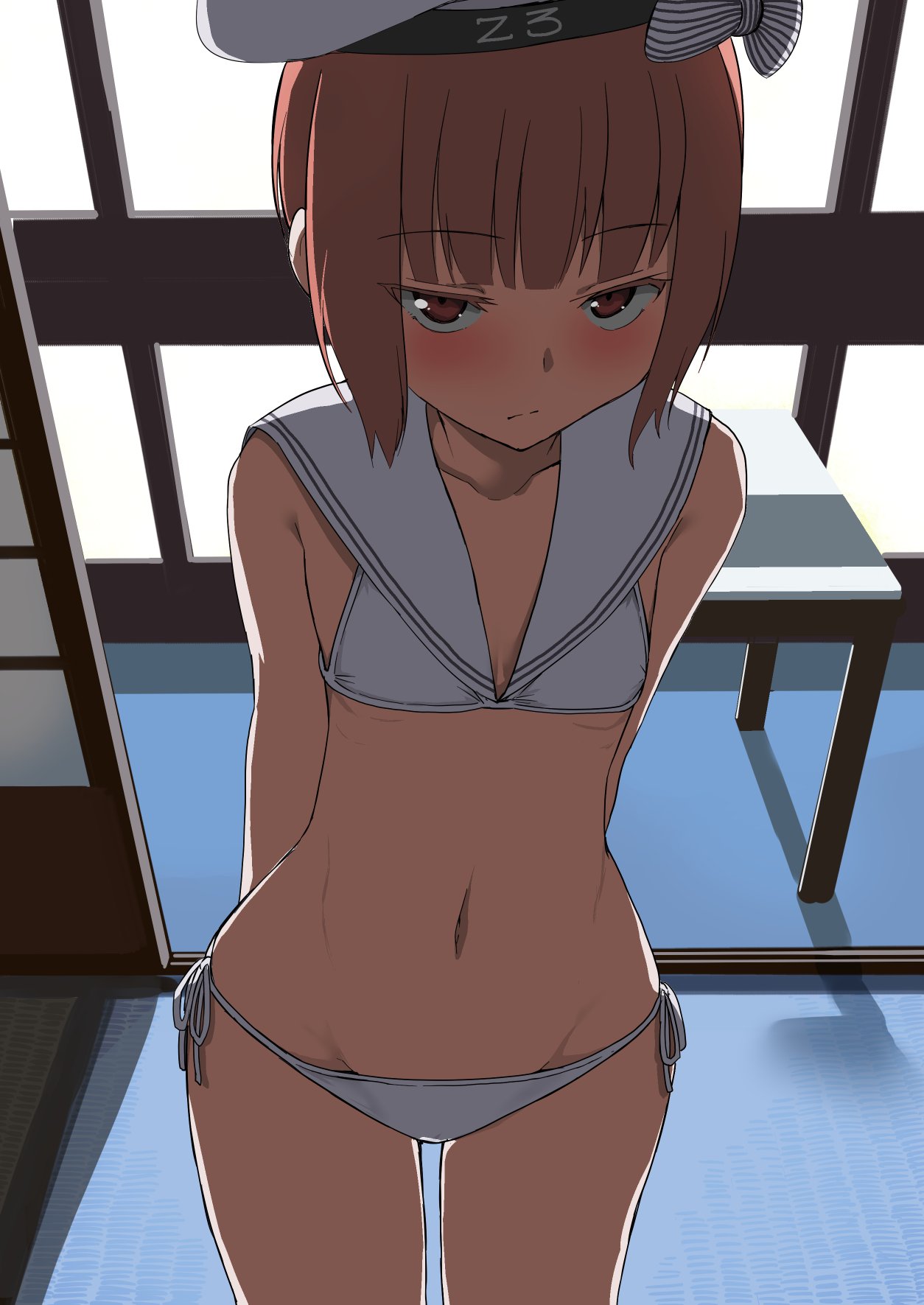 1girl alternate_costume arms_behind_back auburn_hair backlighting bikini blush breasts brown_eyes brown_hair cleavage clothes_writing flat_chest from_above groin hat highres indoors kantai_collection looking_at_viewer lowleg lowleg_bikini masukuza_j midriff sailor_bikini sailor_collar sailor_hat short_hair side-tie_bikini sliding_doors small_breasts swimsuit thighs white_bikini white_hat wide_hips z3_max_schultz_(kantai_collection)