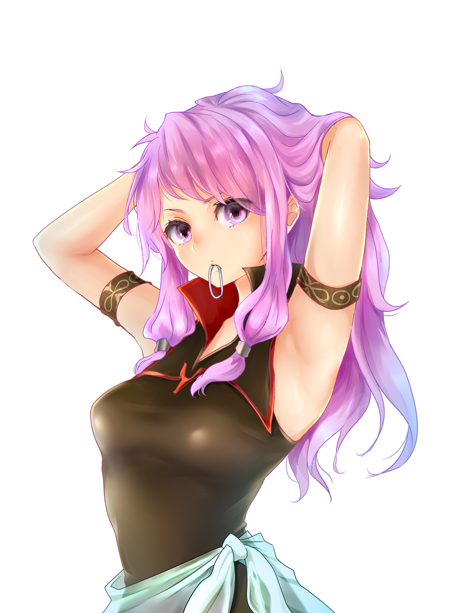 1girl adjusting_hair armband armpits arms_behind_head arms_up breasts dress fire_emblem fire_emblem:_seima_no_kouseki hair_tie hand_in_hair highres long_hair looking_at_viewer marica_(fire_emblem) medium_breasts mouth_hold purple_hair shiro_hougyoku simple_background sleeveless solo upper_body violet_eyes white_background