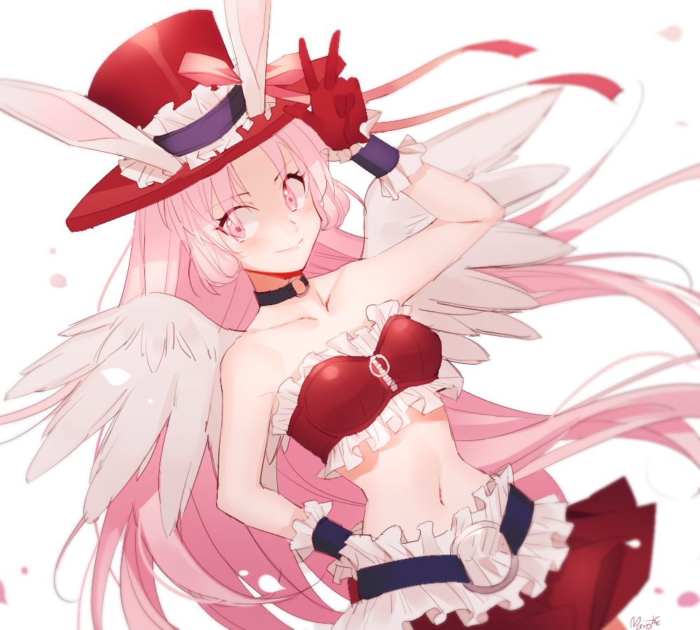 1girl angel_wings animal_ears arm arm_behind_back arm_up bare_arms bare_shoulders belt blush breasts closed_mouth collar collarbone eyebrows_visible_through_hair female frilled_skirt frilled_tubetop frilled_wristband frills full_moon_wo_sagashite gloves hand_on_hip hat highres long_hair looking_at_viewer maro_(lij512) medium_breasts meroko_yui midriff navel neck pink_eyes pink_hair rabbit_ears red_gloves red_hat red_skirt red_tubetop skirt smile solo strapless top_hat tubetop v wings wristband