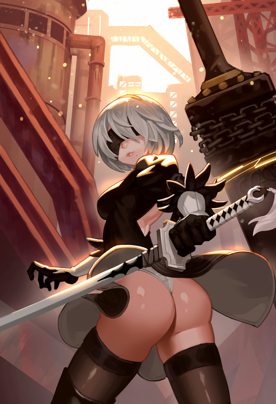 1girl ass back back_opening black_dress black_gloves black_hairband black_legwear black_ribbon blindfold breasts broadsword chains closed_mouth cowboy_shot dress from_behind gloves greatsword hairband highleg highleg_leotard highres holding holding_sword holding_weapon huge_weapon juliet_sleeves katana legs_apart leotard lim_jaejin lips long_sleeves looking_at_viewer looking_back medium_breasts mole mole_under_mouth nier_(series) nier_automata open-back_dress outdoors pink_lips puffy_sleeves ribbed_dress ribbon short_dress short_hair side_slit silver_hair small_breasts solo standing sword tassel thigh-highs thighhighs_under_boots thong thong_leotard turtleneck vambraces weapon weapon_on_back white_leotard wind wind_lift yorha_no._2_type_b