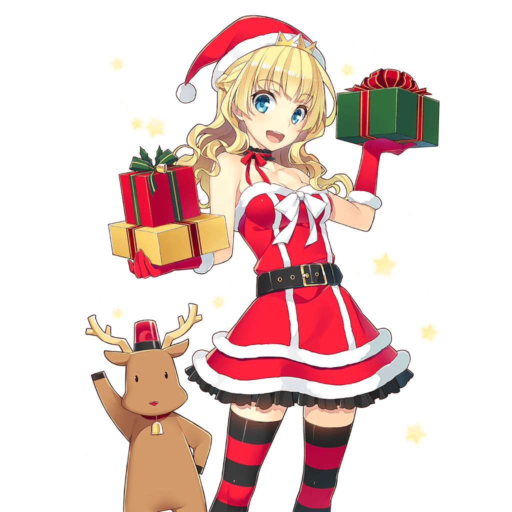 1girl amelie_mcgregor bare_shoulders beltskirt blonde_hair blue_eyes box braid breasts cleavage dress french_braid fur_trim gift gift_box hat holding long_hair medium_breasts mmu neck_garter official_art open_mouth reindeer round_teeth santa_costume santa_hat solo striped striped_legwear teeth thigh-highs transparent_background uchi_no_hime-sama_ga_ichiban_kawaii