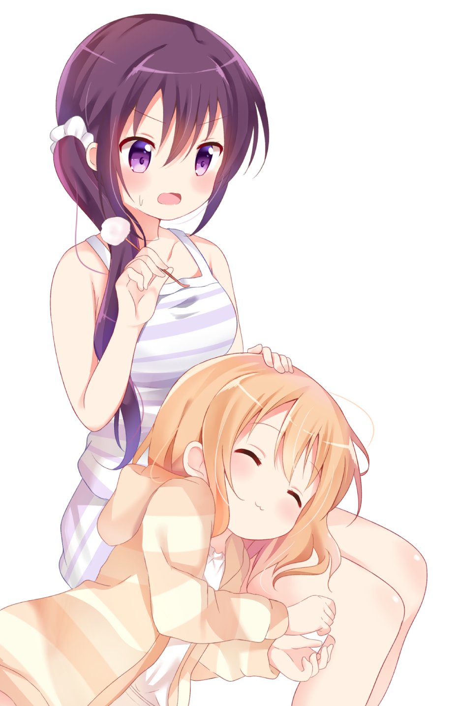 &gt;:o 2girls :o alternate_hairstyle bangs bare_shoulders blush breasts closed_eyes collarbone commentary_request ear_cleaning gochuumon_wa_usagi_desu_ka? hair_between_eyes hair_ornament hair_scrunchie hand_on_another's_head highres holding hood hoodie horizontal_stripes hoto_cocoa lap_pillow long_hair long_sleeves looking_at_another lying medium_breasts mimikaki multiple_girls nagomi_yayado open_mouth orange_hair pajamas purple_hair scrunchie shirt short_hair shorts side_ponytail sidelocks simple_background sitting sleeveless striped striped_hoodie striped_shirt striped_shorts striped_tank_top sweatdrop tank_top tedeza_rize uwu violet_eyes wavy_mouth white_background white_shirt