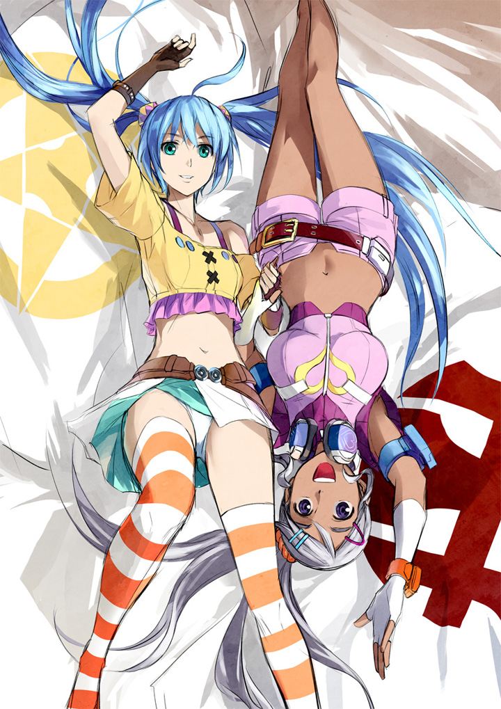 2girls :d aqua_eyes arm_up bakugan bakugan_battle_brawlers beltskirt blue_hair dark_skin fingerless_gloves flat_chest gloves grey_hair hair_ornament hairclip hairpin hand_holding headphones headphones_around_neck julie_heyward kriss_sison lying midriff misaki_runo multiple_girls navel on_back open_mouth panties parted_lips revision shorts skirt smile striped striped_legwear thigh-highs twintails underwear upside-down violet_eyes