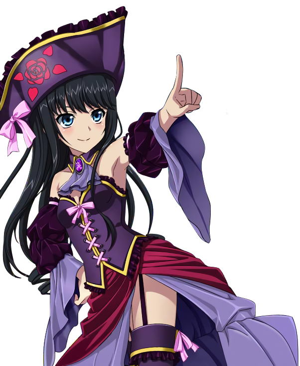 1girl black_hair blue_eyes breasts choker detached_sleeves dutch_angle garter_straps hand_on_hip hat index_finger_raised long_hair minamiya_natsuki outstretched_arm pink_ribbon purple_hat purple_legwear ribbon small_breasts smile solo standing strike_the_blood thigh-highs transparent_background