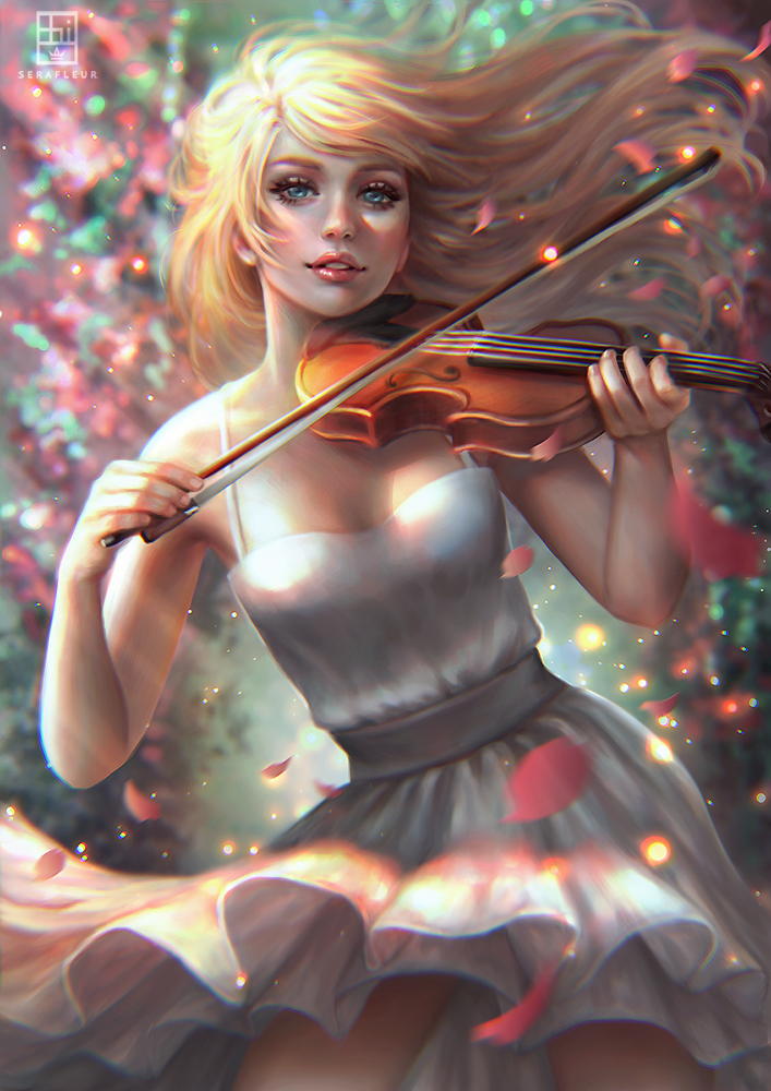 1girl abigail_diaz bare_shoulders blonde_hair blue_eyes blurry blurry_background bow_(instrument) breasts cherry_blossoms contrapposto dress flowing_hair holding_instrument instrument lips long_hair looking_at_viewer medium_breasts music nose parted_lips pink_lips playing_instrument sash sleeveless sleeveless_dress smile solo standing straight_hair violin white_dress