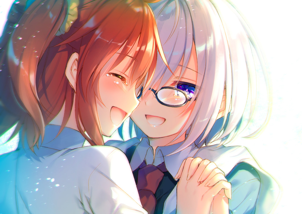 2girls :d ^_^ blush closed_eyes commentary dress_shirt fate/grand_order fate_(series) from_behind fujimaru_ritsuka_(female) glasses hair_ornament hair_scrunchie hand_holding happy happy_tears jpeg_artifacts lavender_hair multiple_girls necktie one_side_up open_mouth orange_hair profile scrunchie shielder_(fate/grand_order) shirt smile tears toosaka_asagi violet_eyes