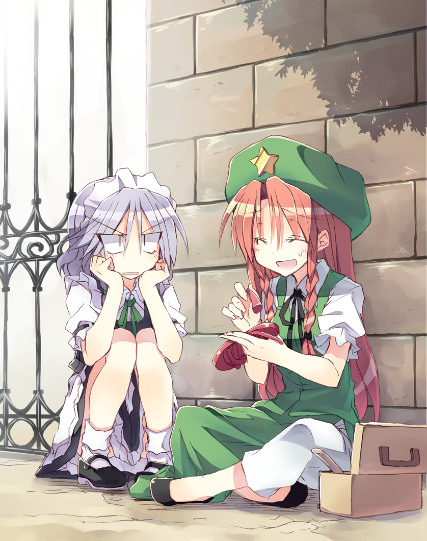 2girls ^_^ against_wall braid chin_rest closed_eyes commentary full_body hat high_heels hong_meiling indian_style izayoi_sakuya long_hair looking_at_another maid_headdress mary_janes multiple_girls redhead revision satou_kibi shoes short_hair silver_hair sitting smile squatting star sweatdrop touhou twin_braids |_|