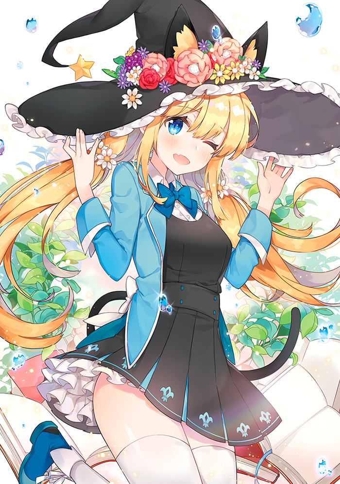 1girl animal_ears ayami_(annahibi) bent_knees black_dress blue_eyes blue_jacket book bow cat_ears cat_tail dress fang flower hair_between_eyes hair_bow hair_flower hair_ornament hat hat_flower hat_ornament jacket kemonomimi_mode leaf leaf_background long_hair looking_at_viewer magical_girl one_eye_closed open_book open_mouth original plant short_dress tail thighs twintails very_long_hair white_legwear witch_hat