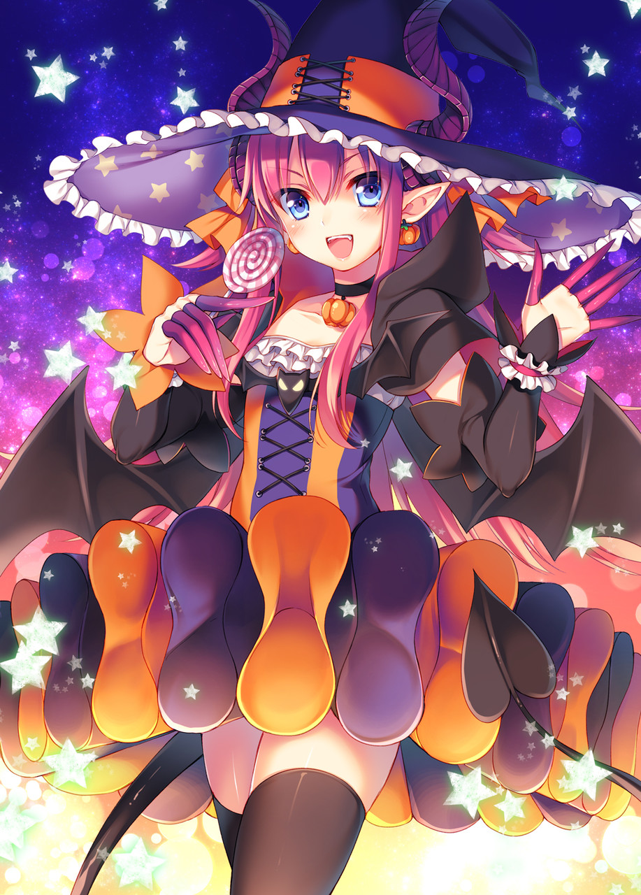 &gt;:d 1girl :d bat_wings black_legwear blue_eyes blush candy choker commentary_request demon_horns demon_tail detached_sleeves elizabeth_bathory_(halloween)_(fate) fang fate/grand_order fate_(series) food frills hair_between_eyes halloween hat highres holding holding_food horns lancer_(fate/extra_ccc) lollipop long_hair open_mouth palms pink_hair pointy_ears smile solo star tail thigh-highs toosaka_asagi wings witch_hat zettai_ryouiki