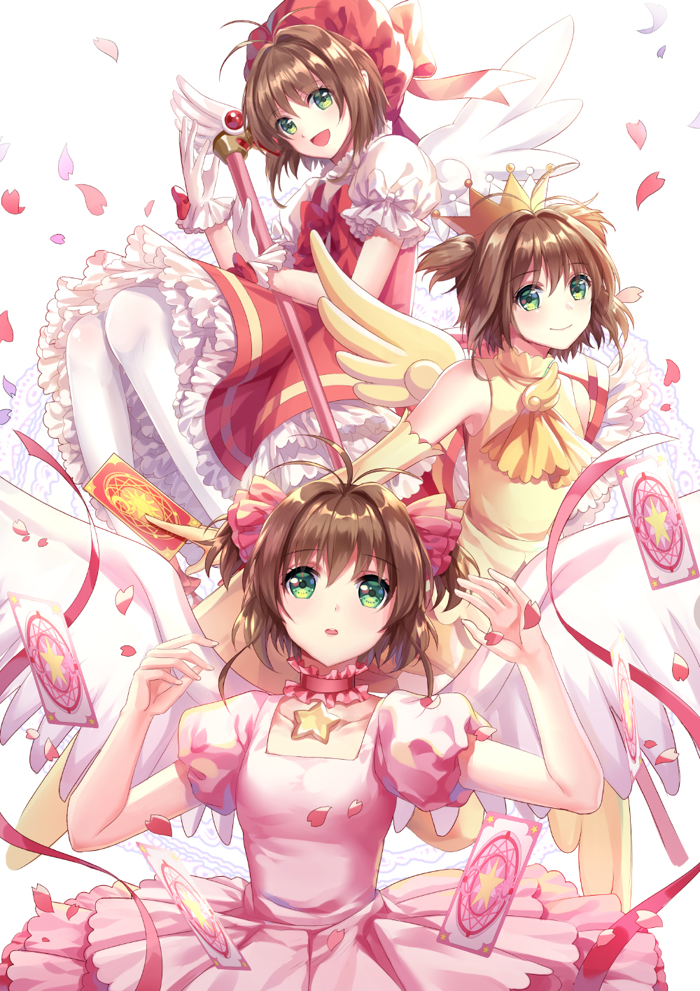 1girl :d :o althea_(sakiya0000) angel_wings antenna_hair arms_up ascot bangs bare_arms bare_shoulders between_fingers blush bow bowtie breasts brown_hair card card_captor_sakura choker closed_mouth clow_card collarbone commentary_request crown dress elbow_gloves eyebrows_visible_through_hair frilled_choker frilled_dress frilled_sleeves frills fuuin_no_tsue gloves green_eyes hair_between_eyes hair_intakes hair_ribbon hat head_tilt highres holding holding_card holding_staff invisible_chair kinomoto_sakura layered_dress looking_at_viewer multiple_persona open_mouth pantyhose petals pink_choker pink_dress pink_ribbon puffy_short_sleeves puffy_sleeves red_bow red_bowtie red_dress red_hat reflective_eyes ribbon short_hair short_sleeves simple_background sitting sleeveless sleeveless_dress small_breasts smile staff star tareme two_side_up upper_body white_background white_bow white_gloves white_legwear white_wings wings yellow_dress yellow_gloves yellow_wings