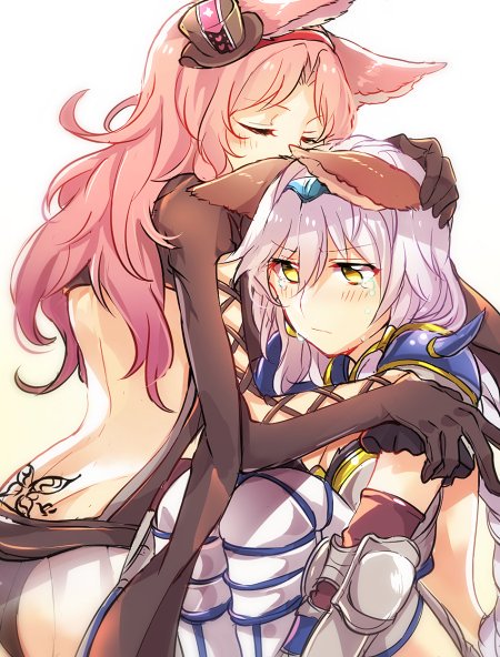 2girls animal_ears back_tattoo backless_outfit bangs black_gloves blue_hairband blush catharine_(granblue_fantasy) closed_eyes consoling crying crying_with_eyes_open erun_(granblue_fantasy) gauntlets gloves gradient gradient_background granblue_fantasy hairband hand_on_another's_head hat heles knees_up leg_hug long_hair metal_boots mikan-uji mini_hat mini_top_hat multiple_girls pink_hair red_hairband silver_hair simple_background tattoo tears top_hat tramp_stamp yellow_eyes yuri
