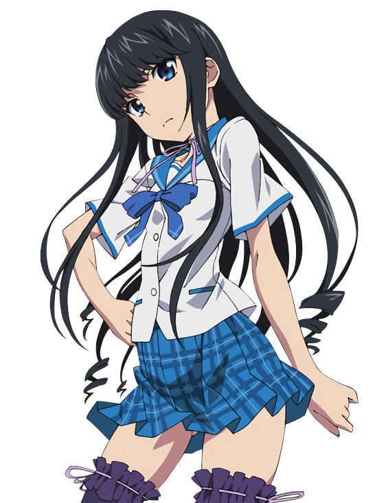 1girl black_hair blue_bow blue_eyes blue_skirt bow collarbone cowboy_shot dress_shirt garters hand_on_hip head_tilt long_hair looking_at_viewer minamiya_natsuki neck_ribbon pleated_skirt purple_legwear purple_ribbon ribbon school_uniform serafuku shirt short_sleeves skirt solo standing strike_the_blood thigh-highs transparent_background white_shirt