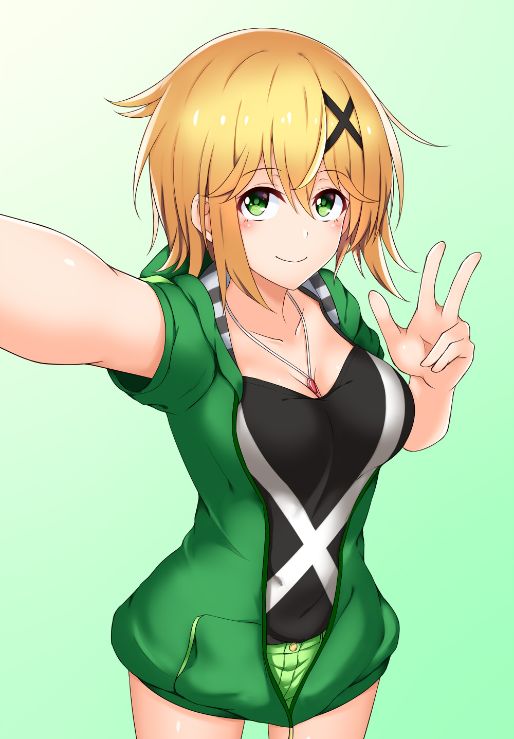 1girl akatsuki_kirika between_breasts blonde_hair blush breasts cleavage closed_mouth commentary_request cowboy_shot etan14 gradient gradient_background green_eyes hair_ornament highres hood hoodie jewelry looking_at_viewer medium_breasts necklace outstretched_arm self_shot senki_zesshou_symphogear shiny shiny_hair shiny_skin short_hair shorts smile solo standing unzipped v x_hair_ornament