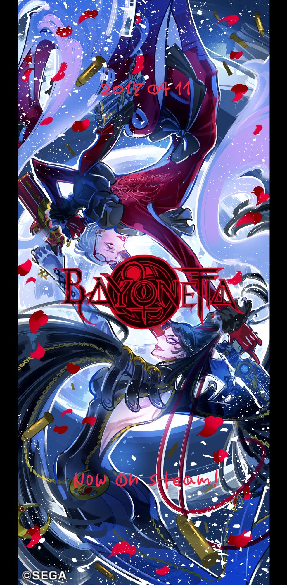 2017 2girls ankle_gun announcement april arm_belt ass back_cutout bayonetta bayonetta_(character) belt belt_buckle black-framed_eyewear black_hair black_ribbon blue_bodysuit blue_eyes bodysuit boots buckle bullet chains company_name copyright_name date_pun dated dual_wielding earrings elbow_gloves english face-to-face full_moon glasses glasses_on_head gloves gun hair_ribbon highres holding holding_gun holding_weapon jeanne_(bayonetta) jewelry lips lipstick long_hair long_sleeves looking_at_another makeup mole mole_under_mouth moon moonlight multiple_girls number_pun official_art ornament outstretched_arm petals promotional_art red-framed_eyewear red_bodysuit red_gloves red_lipstick red_ribbon ribbon rose_petals sega shimazaki_mari short_hair shoulder_blades silver_hair skin_tight smile trigger_discipline upside-down weapon white_gloves