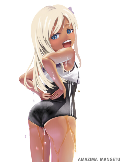 1girl amazima_mangetu artist_name ass blonde_hair blue_eyes cowboy_shot crop_top flower from_behind hair_flower hair_ornament kantai_collection long_hair looking_at_viewer looking_back one-piece_swimsuit one-piece_tan open_mouth ro-500_(kantai_collection) sailor_collar school_swimsuit simple_background solo swimsuit swimsuit_under_clothes tan tanline upper_teeth wet wet_clothes wet_swimsuit white_background