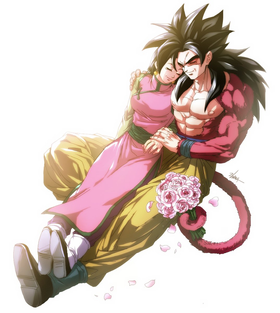 1boy 1girl abs black_hair breasts chi-chi_(dragon_ball) chinese_clothes closed_eyes dragon_ball dragon_ball_gt earrings flower highres husband_and_wife jewelry kim_yura_(goddess_mechanic) medium_breasts monkey_tail muscle pink_rose prehensile_tail rose signature smile son_gokuu super_saiyan_4 tail wrinkles wristband