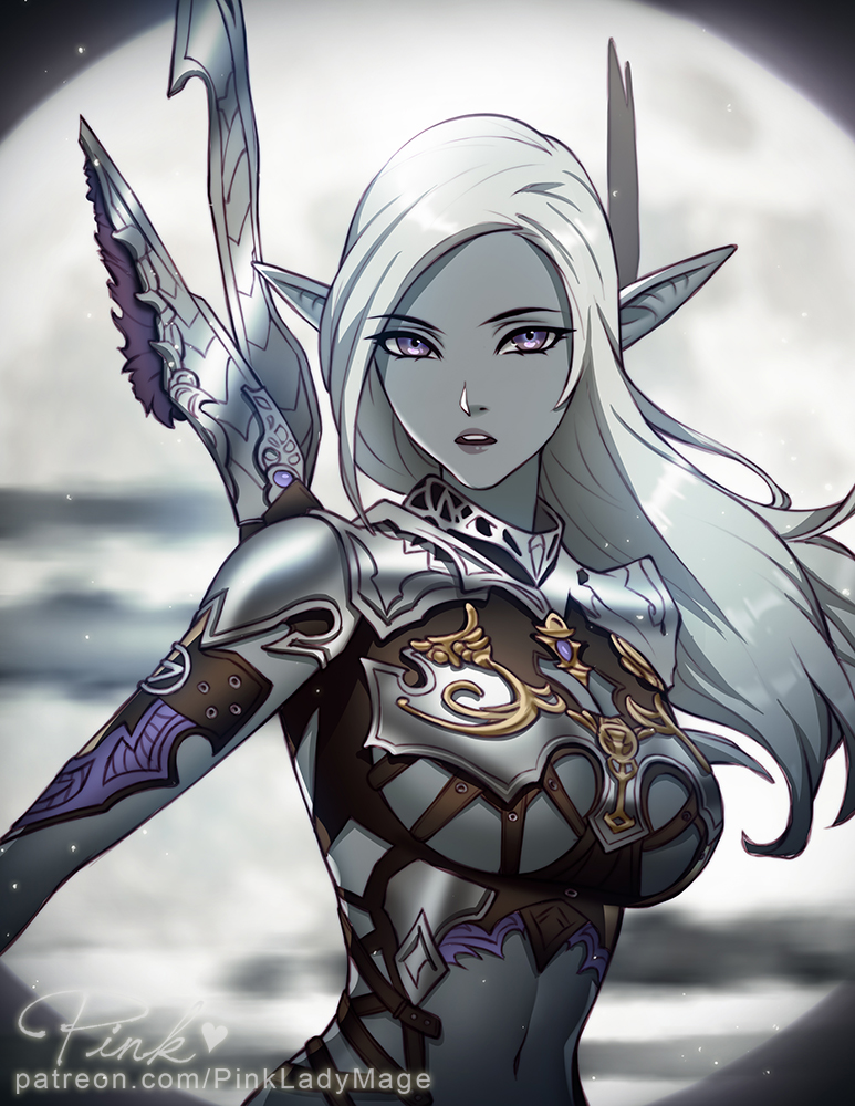 1girl armor artist_name belt blue_skin breasts clouds dark_elf elf eyebrows_visible_through_hair eyelashes gorget lineage lineage_2 lips long_hair looking_at_viewer medium_breasts moon navel parted_lips pink_lady_mage pointy_ears silver_hair solo under_boob upper_body violet_eyes
