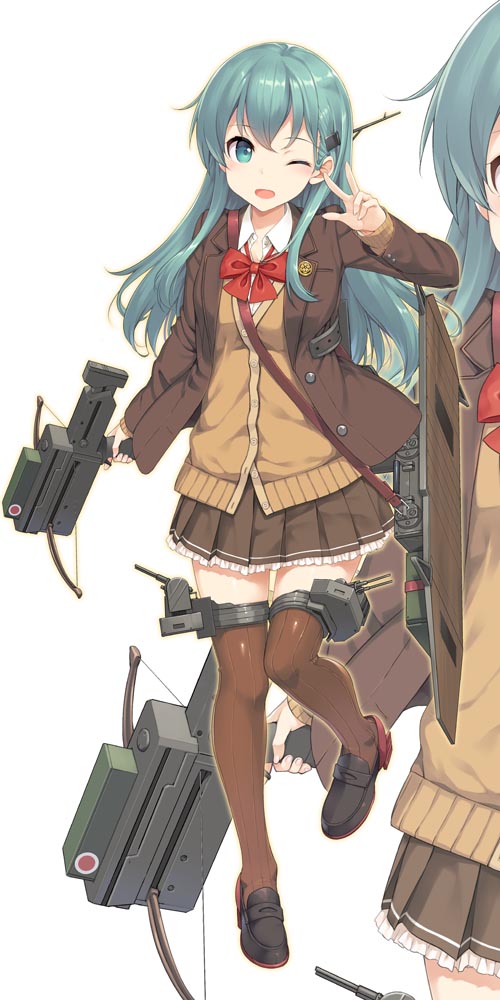 1girl ;d aqua_eyes aqua_hair blazer bow_(weapon) brown_legwear brown_skirt cardigan crossbow flight_deck frilled_skirt frills full_body hair_ornament hairclip jacket kantai_collection loafers long_hair looking_at_viewer machinery one_eye_closed open_mouth pleated_skirt red_ribbon remodel_(kantai_collection) ribbon school_uniform shoes skirt smile solo suzuya_(kantai_collection) takayaki thigh-highs v weapon zoom_layer