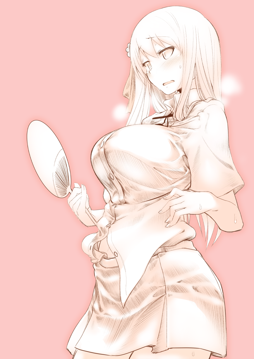 1girl bangs breasts breath collared_shirt cowboy_shot do_(taka) dress_shirt eyebrows_visible_through_hair fan food from_side fruit hidamari_sketch highres holding holding_fan large_breasts long_hair looking_at_viewer matsuri_(hidamari_sketch) monochrome orange orange_background paper_fan parted_lips shirt short_sleeves simple_background solo sweat uchiwa