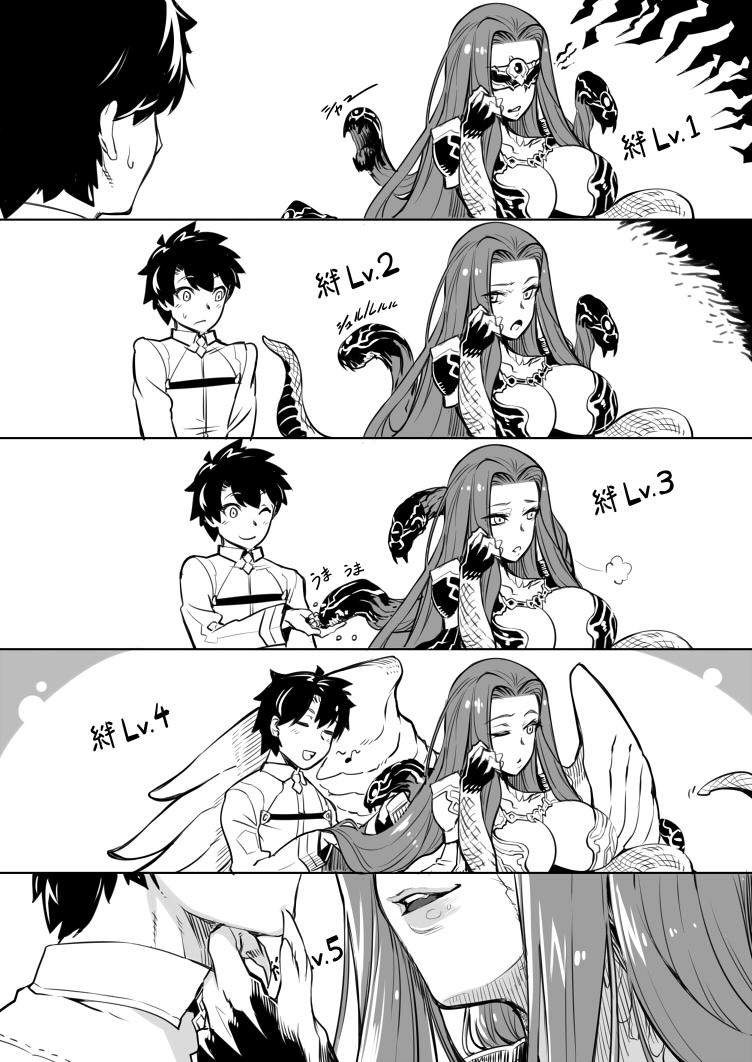 1boy 1girl blindfold breasts claws cleavage close-up comic fate/grand_order fate_(series) feeding fujimaru_ritsuka_(male) gorgon_(fate) greyscale hijiri large_breasts lips long_hair monochrome monster_girl one_eye_closed rider scales short_hair sigh snake very_long_hair wings