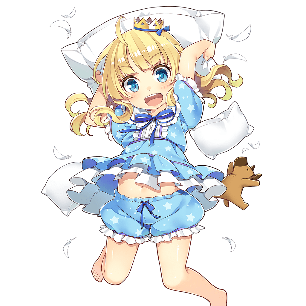 1girl amelie_mcgregor barefoot blonde_hair blue_eyes braid carrying_overhead child crown dog eyebrows_visible_through_hair feathers floating_hair french_braid holding holding_pillow long_hair looking_at_viewer mmu navel official_art open_mouth pajamas pillow pillow_fight round_teeth solo star star_print teeth transparent_background uchi_no_hime-sama_ga_ichiban_kawaii younger