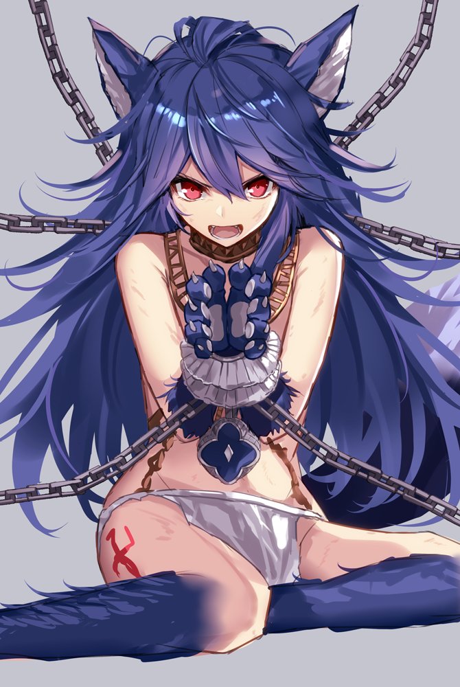 1girl animal_ears aosaki_yukina bare_shoulders blue_hair chained chained_wrists chains fenrir_(shingeki_no_bahamut) fur granblue_fantasy paws red_eyes solo