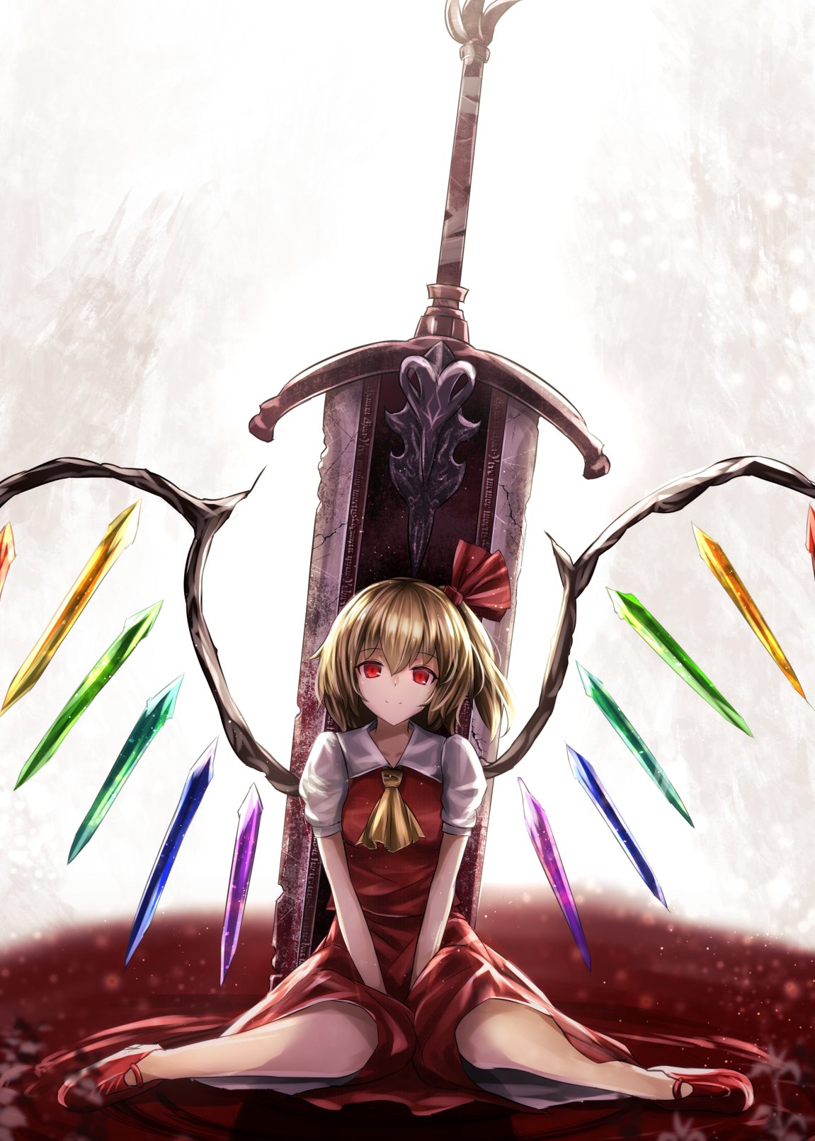 1girl ascot bangs blonde_hair closed_mouth crystal flandre_scarlet full_body greatsword hair_between_eyes hair_ribbon highres huge_weapon looking_at_viewer no_hat no_headwear planted_sword planted_weapon pool_of_blood puffy_short_sleeves puffy_sleeves red_eyes red_ribbon red_skirt red_vest ribbon ripples short_hair short_sleeves side_ponytail sinkai sitting skirt skirt_set smile solo sword touhou v_arms vest wariza weapon wings