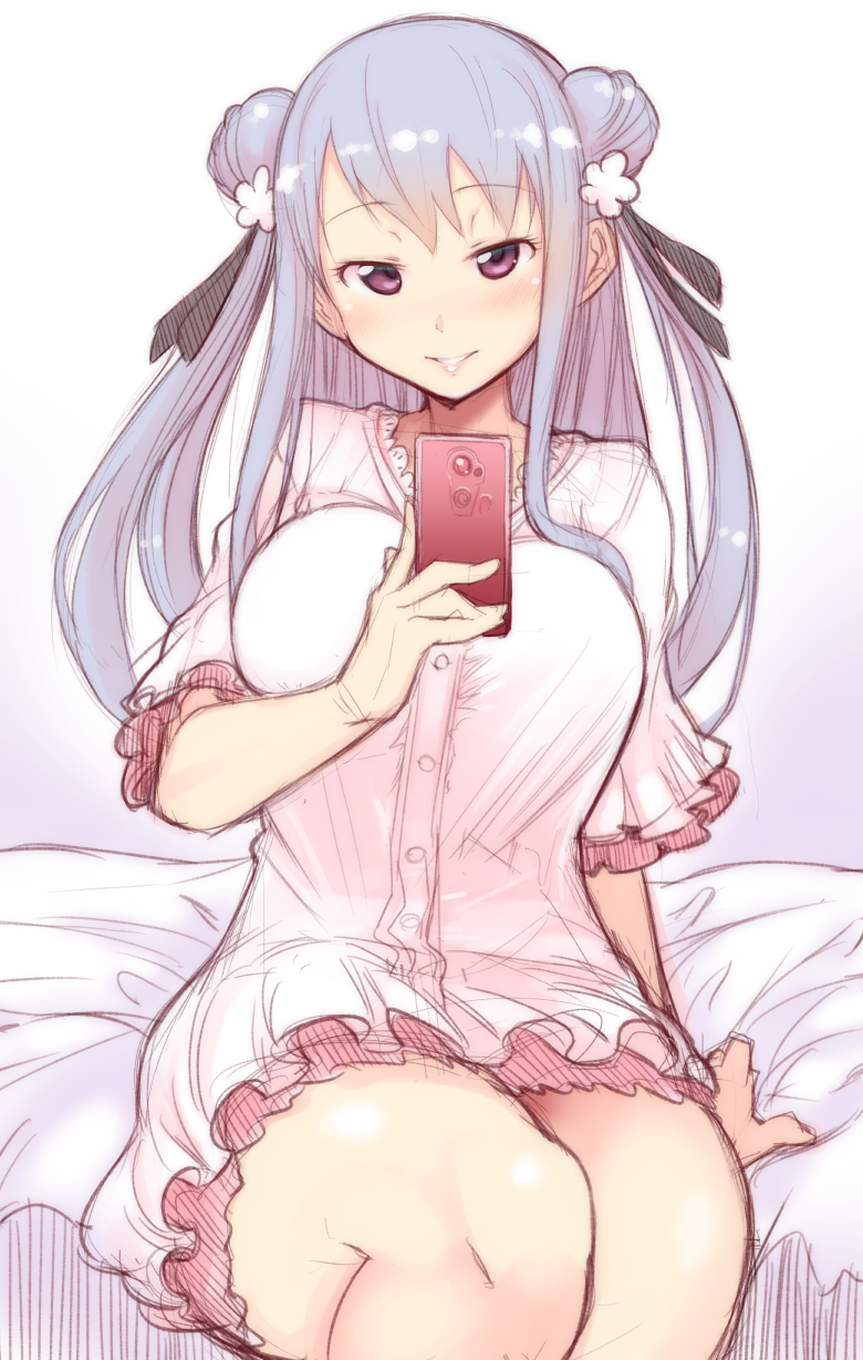 1girl bangs black_ribbon blouse blue_background blue_hair blush breasts cellphone do_(taka) double_bun eyebrows_visible_through_hair gradient gradient_background hair_ribbon hidamari_sketch highres holding holding_phone large_breasts long_hair matsuri_(hidamari_sketch) parted_lips phone ribbon sitting sketch smartphone smile solo teeth thighs violet_eyes white_blouse